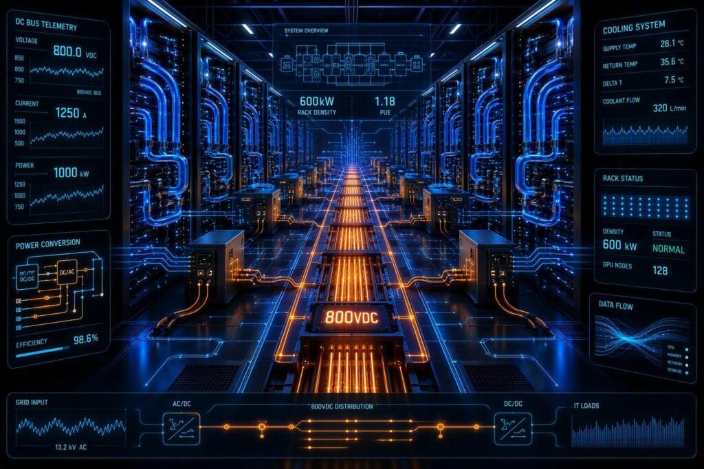 A futuristic AI data center with 800VDC power busways and liquid cooling infrastructure in high-density GPU rack corridors