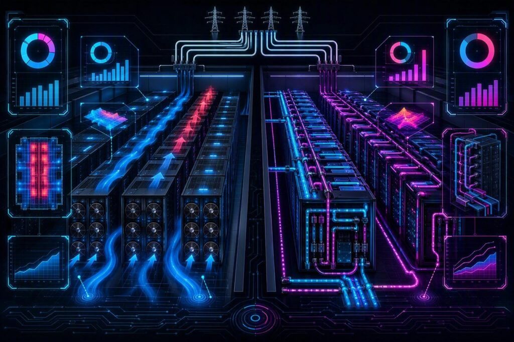 two side-by-side halls, one air-cooled and one liquid-cooled, with the same utility feed and the usable IT load after derating marked at the rack row