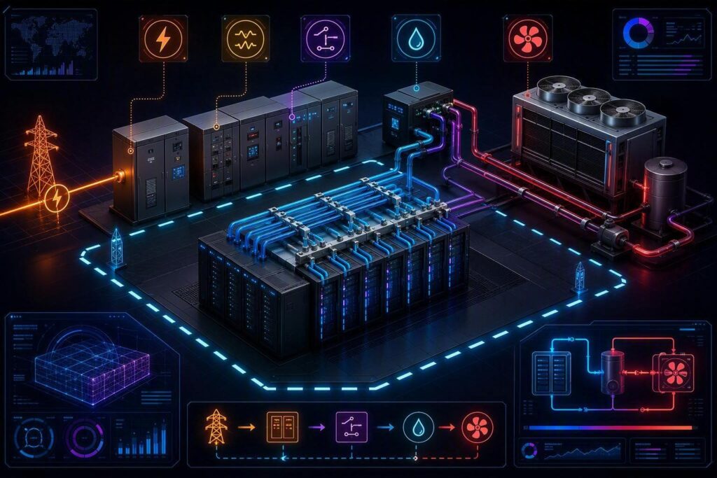 a single-system view of an AI hall showing utility feed, UPS and switchgear, CDU and heat rejection loop, cold-plate manifolds, and the MDC module bou